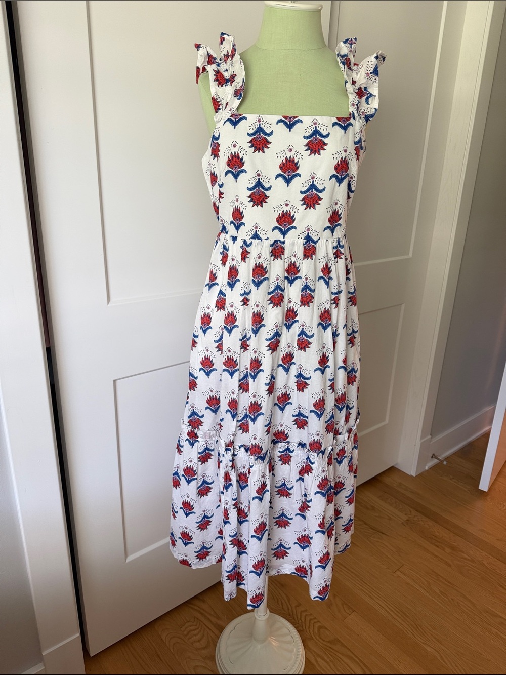 J. Crew White Maxi Dress with Red and Blue Floral Motif